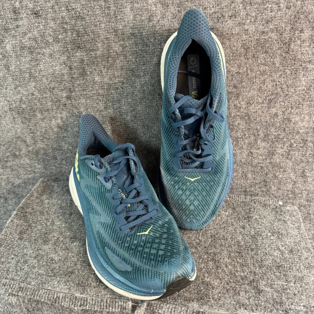 Hoka Clifton 9 Mens Teal Blue Yellow Running Shoes 1127895-BBLC Size 11